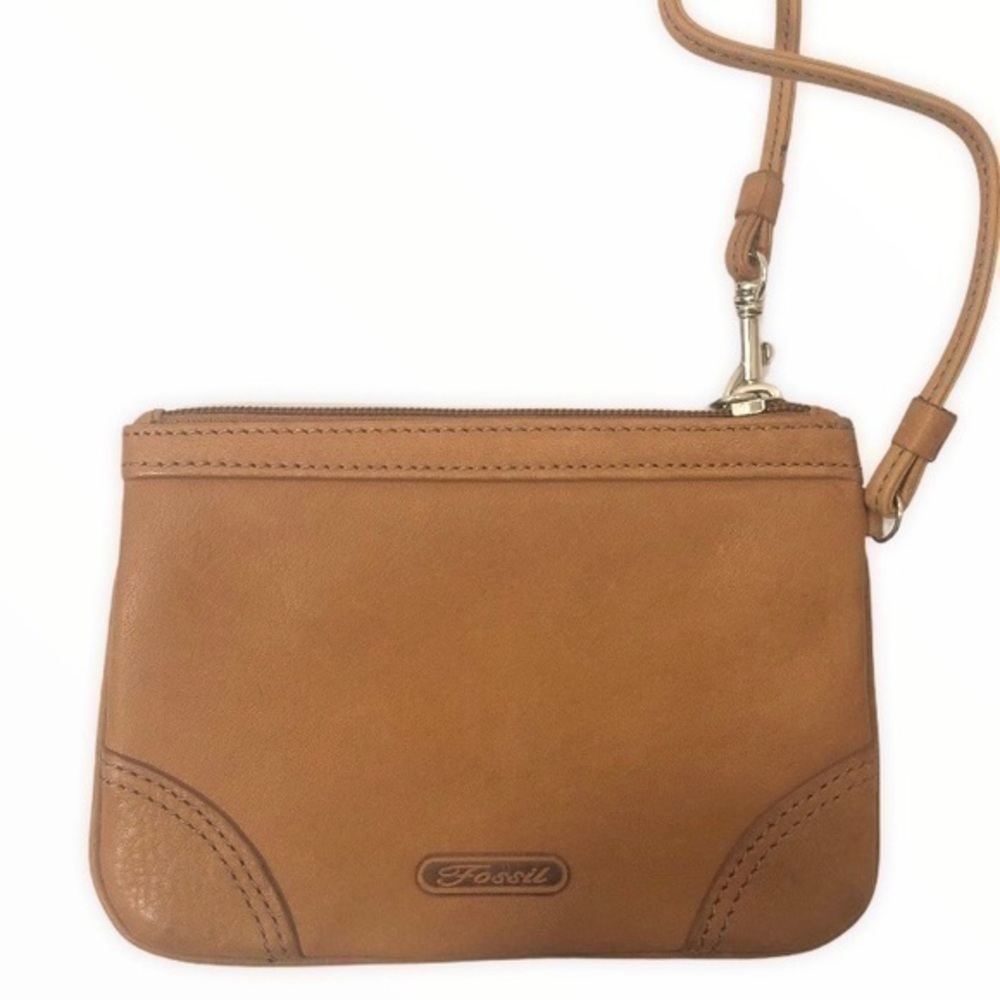 Fossil brown leather wristlet mini bag